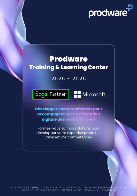 Couverture sombre bleu marine du catalogue Prodware Training & Learning Center 2025 – 2026, avec rubans lumineux violets et bleus sur les côtés. Les logos Prodware, Sage Partner et Microsoft figurent en haut et au centre. Le texte indique Développez vos compétences pour accompagner la transformation digitale de nos entreprises ! puis Formez-vous sur nos solutions pour développer votre expertise produit et valorisez vos compétences. Une liste de pays apparaît en bas. L’ensemble a un ton moderne et professionnel.
